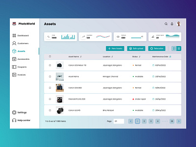 Asset management tool asset management branding camera card design colorful components dashboard design desktop ecommerce erp figma graphic design illustration management photography renting tool ui ui design