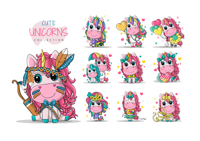 Set of Cute Cartoon Unicorns Clipart bundle clipart cute cute animal design illustration nursery poster unicorn