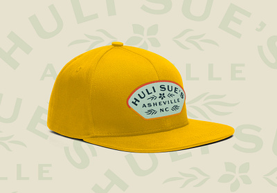 Huli Sue's Hat Design 1950s aloha asheville barbeque bbq custom type grill hat hawaii hawaiian hula girl logo mahalo merch oval badge pin up restaurant branding retro tiki vintage