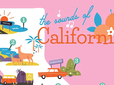 the sounds of california map cactus california deer map music ocean oranges palm tree retro travel