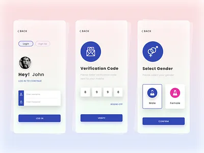 Login, OTP Login, Gender Select App Screen Design animation branding flat design graphic design icon landing screen ui login page ui logo otp page ui typography ui design uiux design vectore