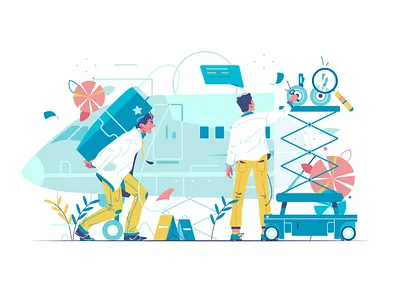 Industrial workers engineers repair or build airplane vehicle app background branding business cartoon design flat hand icon illustration internet logo man person technology typography ui ux vector