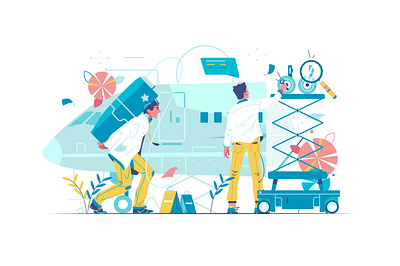 Industrial workers engineers repair or build airplane vehicle app background branding business cartoon design flat hand icon illustration internet logo man person technology typography ui ux vector