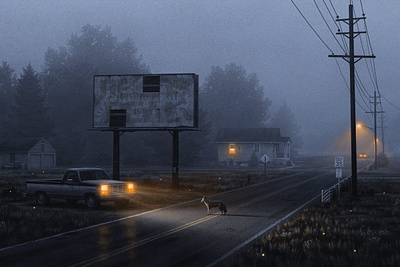 A Suspended State coyote grainy headlights illustration moody nicholas moegly night nighttime nostalgic pickup road street