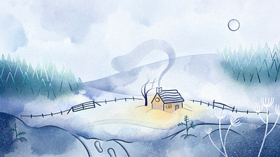 Hygge Landscape branding cabin childrensbookillustration christmas countryside flatillustration grain hygge lineart moonlitnight pineforest procreate retrosupply snow snowylandscape sprucetrees truegrit warmglow watercolour winterlandscape