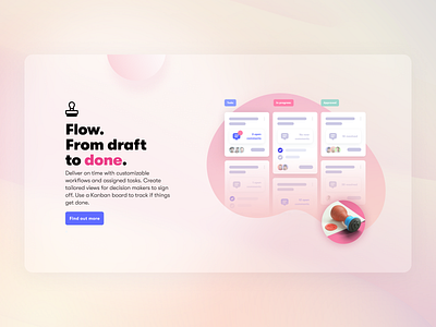 Hero: Tailored view for tracking the tasks approve background board cards comments hero kanban landing page ornage pastels pink section shapes skeleton soft stamp tasks tracking transparent
