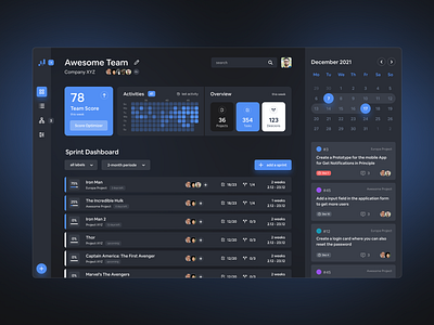 Project Management in a dark theme agil application calender cards dark dashboard glow graphs kpi list element matrix chart nav bar new work productivity project management sprints tickets ui web app