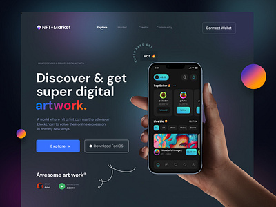 NFT Market Landing Page Design app designer creator crypto art cryptocurrency dark nft nft art nft artist nft markeplace nft market nft website nfts token sell token uiux ux web web design web designer website