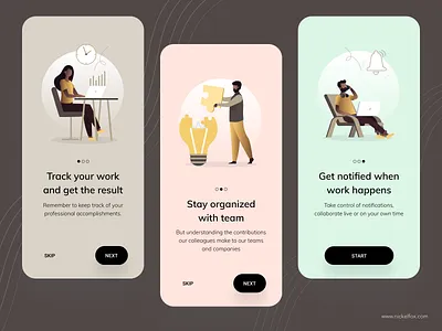 Track Work - Onboarding interface concept activity art clean color dark ui design exploration freebie graphic design illustration minimal notification onboarding taskmanager team timetrack track trending ui vector