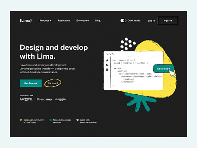 Lima – Design-to-code Platform Hero branding dark version design design to code design tool devtool graphic design hero herosection homepage illustration interface light version minimalistdesign product design typography ui unikorns ux website