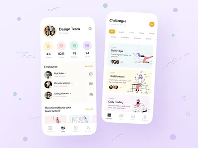 Corporate Wellness App add advice badges challenges design employees goals growth healthy icons illustrations members messages mobile mood motivate rating statistics tags team