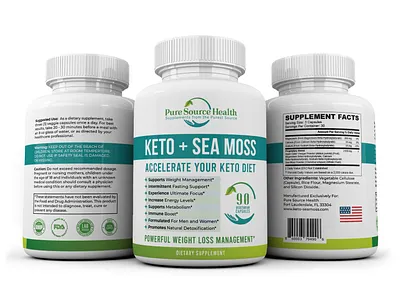 KETO + SEA MOSS label design for "Pure Source Health" bottle label bottle packaging branding design dietary keto label and box design label design package design packaging packaging design supplement supplement label design