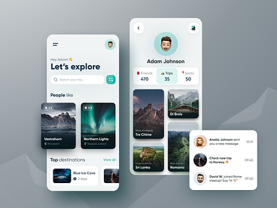 Travel App abroad app application cards design destination friends homepage jorney meetup mobile notifications profile settings social top travel trip ui ux