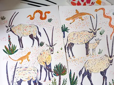 Oryxes animals art drawing gouache hand drawn illustration oryx painting pattern design