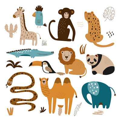 set of cute african animals design icon illustration logo vector