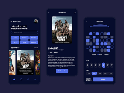 Cinema Booking App 2021 action adventure app booking clean dark blue dribbble encanto exploration film kadet 1947 minimalist movie newshot november satriawan shot ticket ui