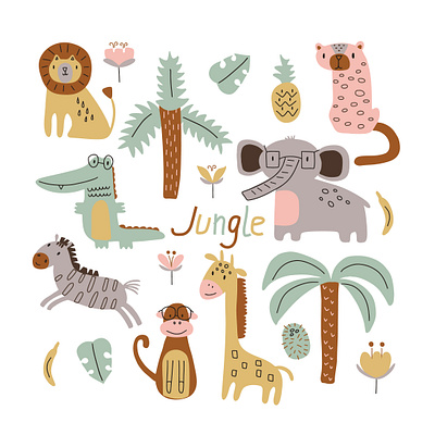 african animals with rainforest elements branding design icon illustration vector