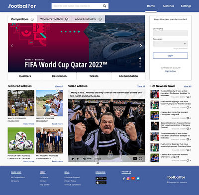 Website home page for all football content. branding design fifaworldcup figma football footballnews landingpage minimal soccer ui uidesign uiux webdesign