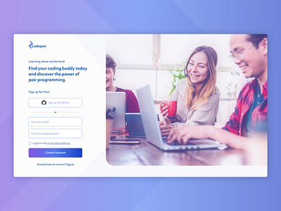 Codepair - Find your coding buddy blue bright dailyui design form purple signup ui