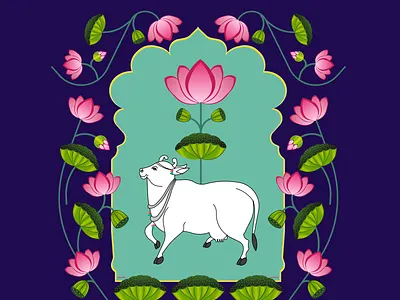 Pichwai Cow Illustration colorful cow decor festive flatdesign home illustration india lotus painting pattern pichwai traditional