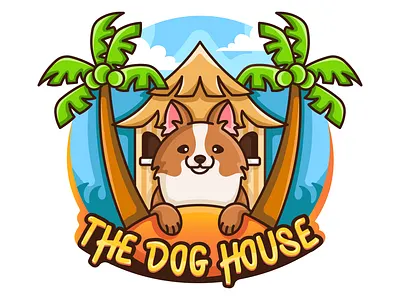 The Dog House beach beach side blue character design design dog dog logo graphic design home house house logo illustration logo logo design ocean sea summer tree tropical vector