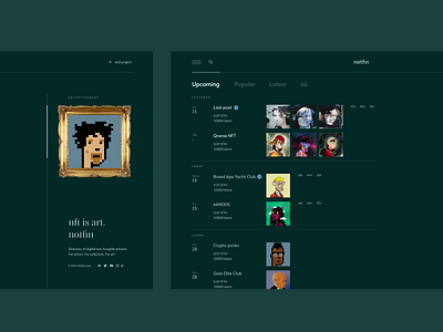 notfin - Discover noteworthy upcoming NFTs. And cherish the art. blockchain branding crypto cryptoart date design ethereum nft schedule simple ui upcoming ux webdesign website