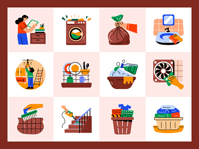 Household and Cleaning Icons appliances chores cleaning cleaning company cleaning house cleaning service graphic design household housekeeping housekeeping service houses housework icon illo illustrator kitchen laundry maidservice vector washing