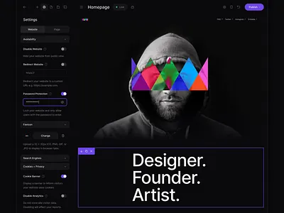 Editor ‣ Website Settings builder clean clean ui dark dark mode ecommerce ecommerce app elementor minimal page builder settings shopping shopping app site ui ux webflow website builder wix