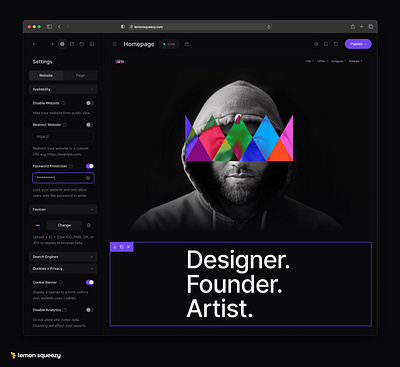 Editor ‣ Website Settings builder clean clean ui dark dark mode ecommerce ecommerce app elementor minimal page builder settings shopping shopping app site ui ux webflow website builder wix