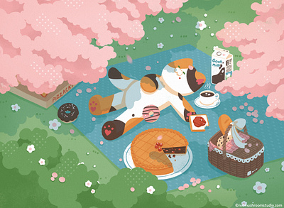 Cat Illustration: Spring Picnic cat cherryblossom illustration illustrator march picnic spring