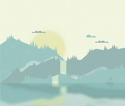 Mystic Hills 2021 2k21 adobe adobe illustrator boat design grain green hills illustration minimal paper pastell reflection sand green sun vector water yellow