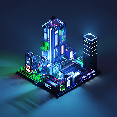 Cyber City 👾 3d 3d art art black blue building city cubic design green illustration magicavoxel neon purple render skycrapper voxel voxel art