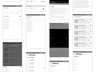 Recipe Mobile app wire frame android app high fidelity wireframe ios app mobile app design mobile wireframe personas product design prototyping recipe wireframe ui design user flow ux design visual design wireframe