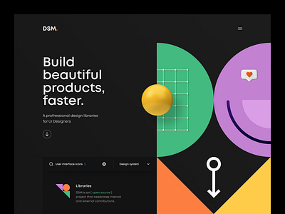 DSM. – Hero header concept – Dark mode 3d 3d icon 3d illustration clean dark mode dark theme geometric geometry grid illustration minimal minimal web design minimal website navigation typography ui ui design ux ux design web design