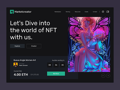 NFT Marketplace Website bitcoin blockchain crypto art crypto wallet cryptoart cryptocurrency cryptohub currency digital art ethereum header design hero section landing page landingpage nft nft art nft market nft marketplace nftart webdesign