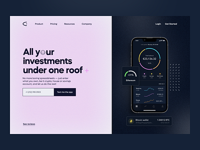 Portfolio Tracker Landing Page bitcoin chart cryptocurrency dark mode ethereum finance fintech gradient investing landing page phone mockup stocks uxuidesign wallet wealth web design