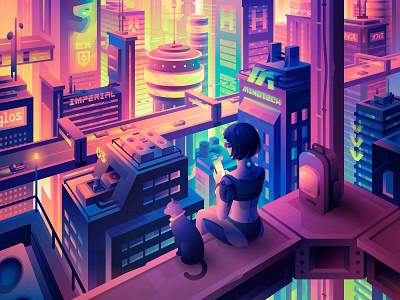 Neuropolis cat city color cybergirl cyberpunk dystopia future illustration nft