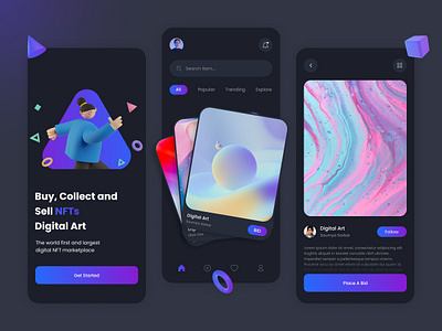 NFTs Mobile Marketplace-Dark theme app app design app ui application clean dark dark app dark theme marketplace marketplace app mobile app nft nft app nft marketplace nft marketplace app nfts ui ui inspiration uiux ux