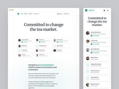 Steeped Website - Committed to change the tea market. about app company green hero homepage landing page product startup steeped tea team type typography web webdesign website