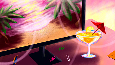 Sometimes teamwork looks like not working blog break cocktail desk drink illustration nonprofit pink procreate procreate app sunset teamwork vacation