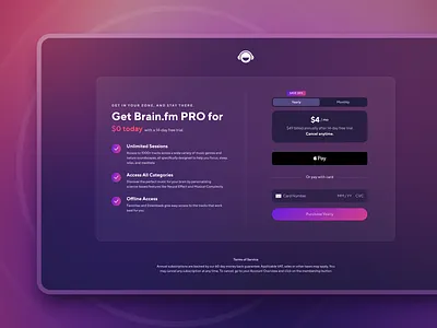 Brain.FM Subscribe Page clean credit card glassy gradient mesh gradient modern music music app payment subscribe tt norms pro ui ux web app