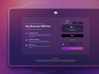 Brain.FM Subscribe Page clean credit card glassy gradient mesh gradient modern music music app payment subscribe tt norms pro ui ux web app