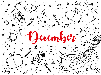 December - vector doodle style illustration 2022 art calendar candy christmas balls desember design doodle first gifts graphic design holidays illustration marry christmas snow snowflakes tangerines typography vector winter