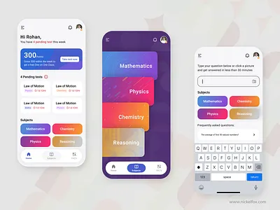 Educational App || Mobile app Concept application bottom navigation card cards ecommerce education edutech faq gradient icons illustrations landing screen mobile app nav bar study subjects test ui ux web design