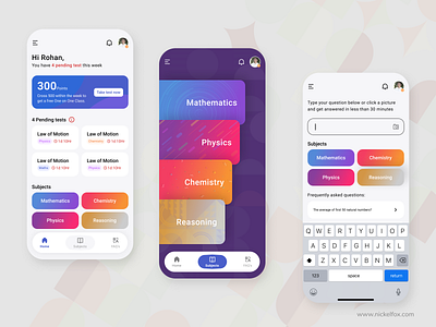 Educational App || Mobile app Concept application bottom navigation card cards ecommerce education edutech faq gradient icons illustrations landing screen mobile app nav bar study subjects test ui ux web design