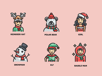 Christmas Avatar Fill Outline icon Set avatar bear buable christmas color design elf flat girl icon illustration man outline polar reindeer vector winter woman