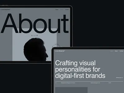 Lucas Berghoef - Portfolio 3.0 - Home and About Pages about page black branding design graphic design gray grey helvetica helvetica neue logo portfolio typography ui uiux website white
