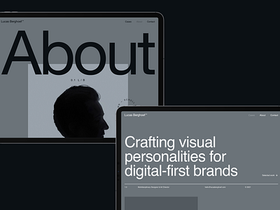 Lucas Berghoef - Portfolio 3.0 - Home and About Pages about page black branding design graphic design gray grey helvetica helvetica neue logo portfolio typography ui uiux website white