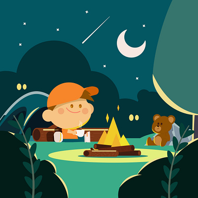 Bizoo in the Woods boy drink fire camp flat illustration kid motion motion graphics night summer teddy bear trees warm woods