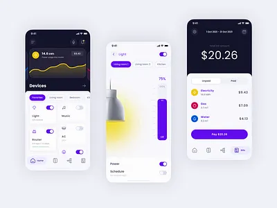 Smart Home App app bills clean ui consumption dashboard design devices home iphonex lamp light mobile mobile app pay system smart home smart house smartapp smarthome ui ux